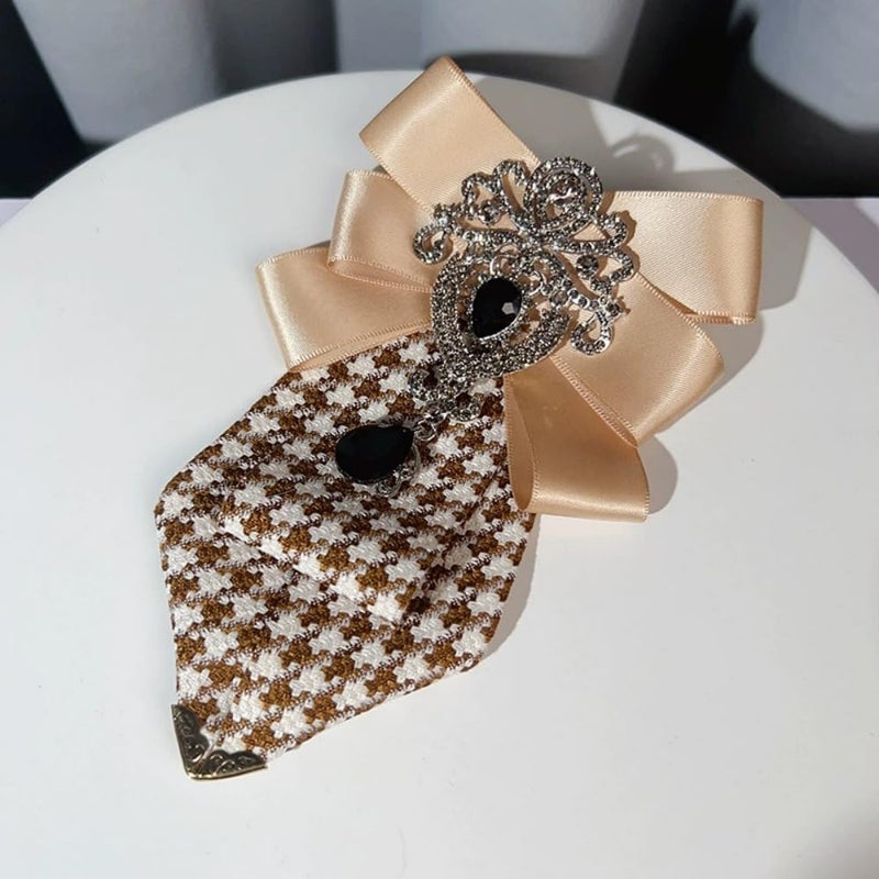 Dtja Men's Teardrop Rhinestone Bow Pre-Tied Brooch for Unisex Elegant Crystal Satin Fabric Houndstooth Ribbon Neck Tie Brooches Lapel Pins Wedding Prom Party Costume Bow Tie - Image 3
